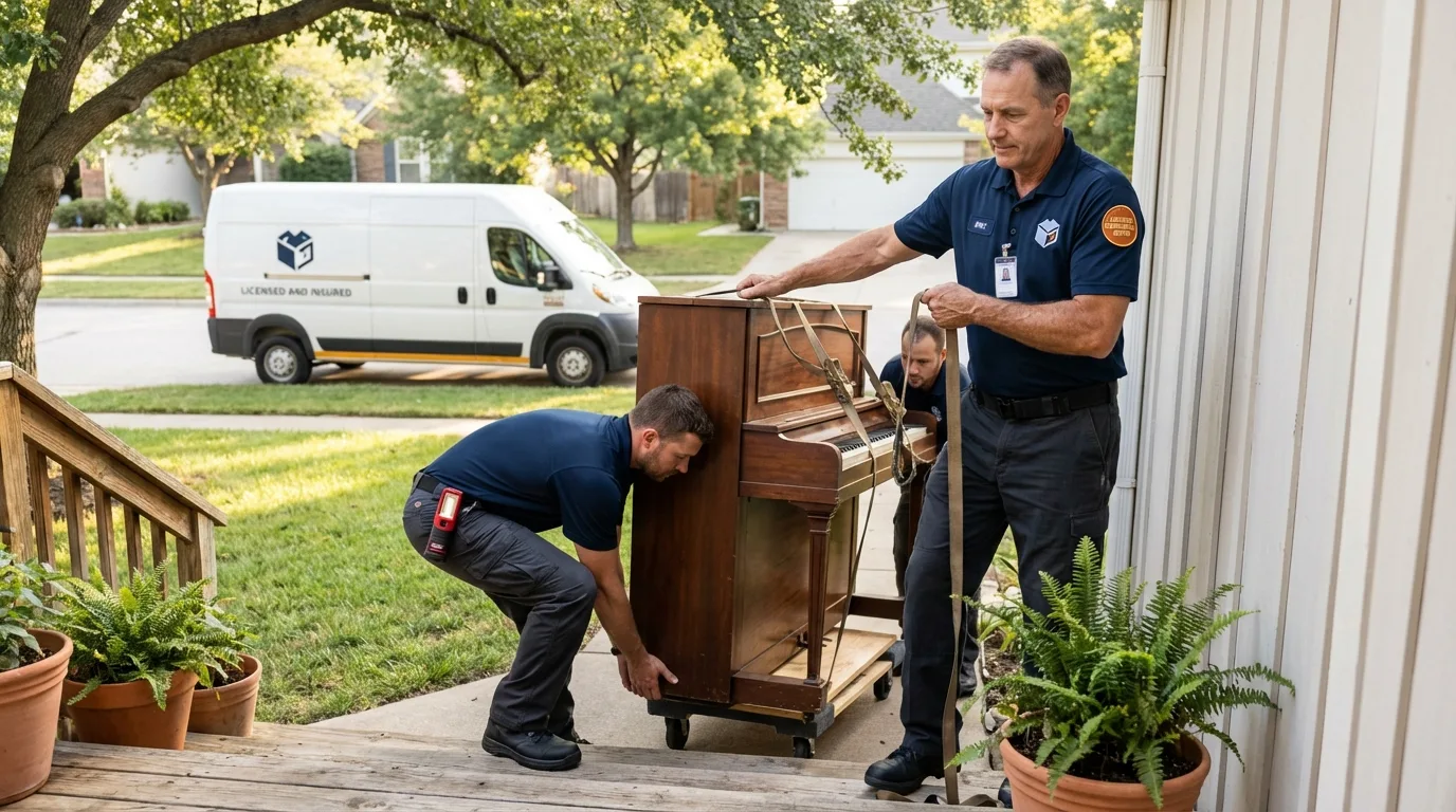 Licensed piano movers securing grand piano in Conway, AR